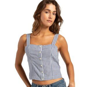 Levi’s Blue Gingham Linen Blend Tank Top Smocked Back Americana Size L NWT